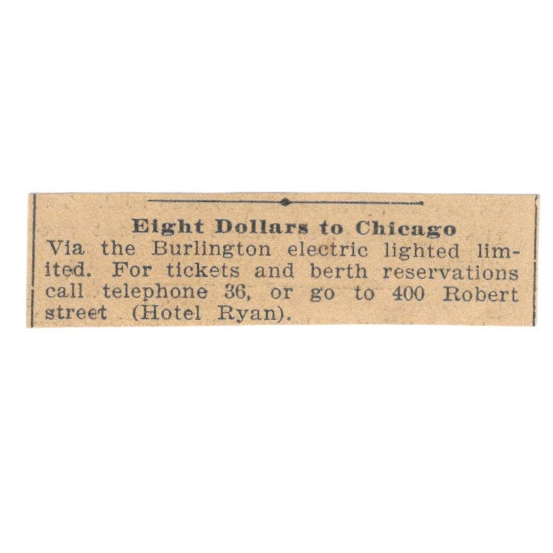 Burlington Electric Lighted Limited $8 to Chicago 1898 Newspaper Ad AF2-S1