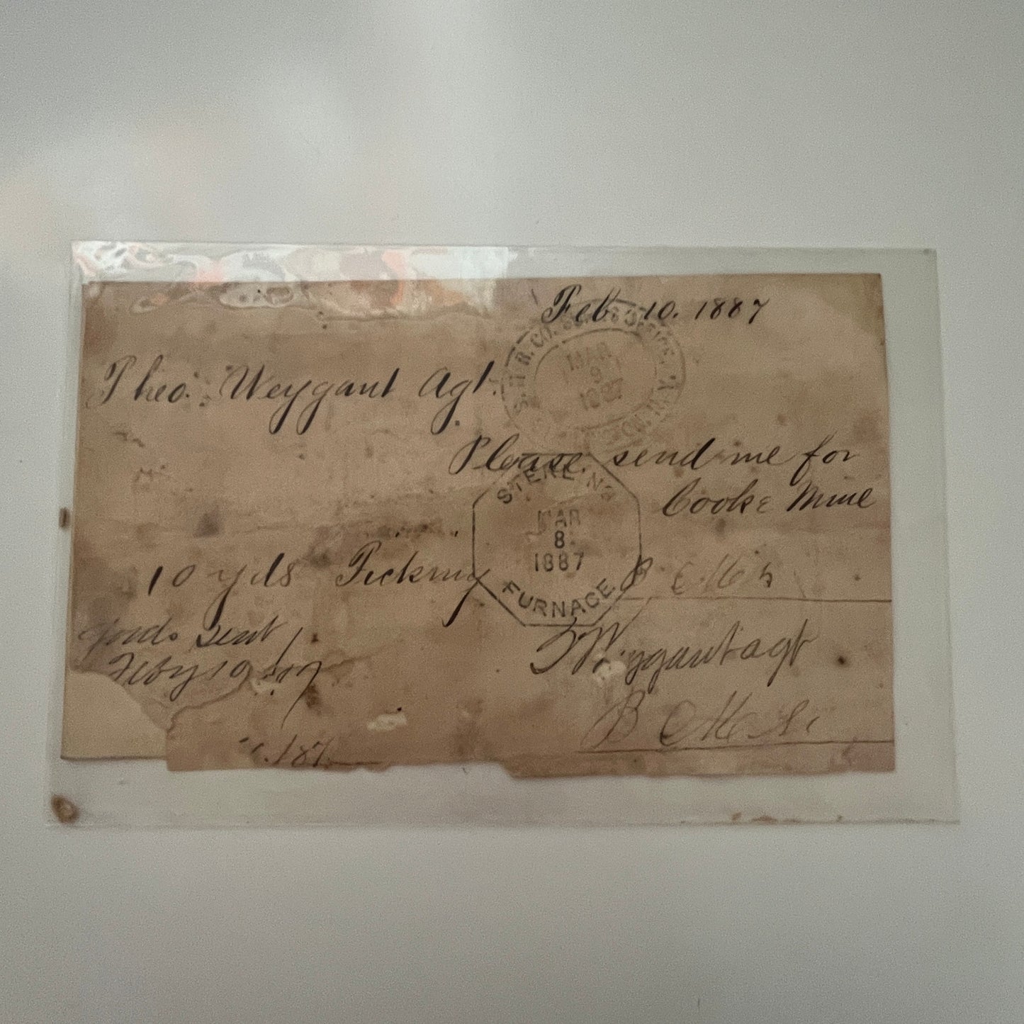 Theo Weygard Sterling Railroad & Sterling Furnace 1887 Receipt AK1-M3
