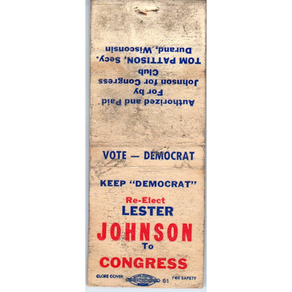 Lester Johnson Democrat for Congress Durand WI Vintage Matchbook Cover SD2-Y12