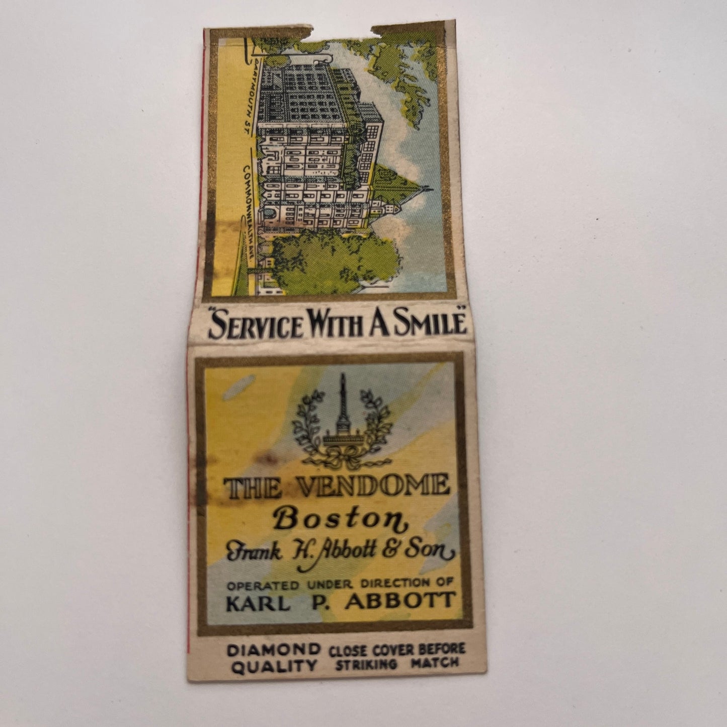 The Vendome Boston Frank H Abbott & Son Karl P Abbott Matchbook Cover TB8-MB-3