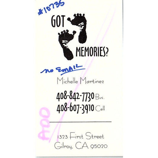 Michelle Martinez Got Memories? Gilroy CA Vintage Business Card SC9-B11