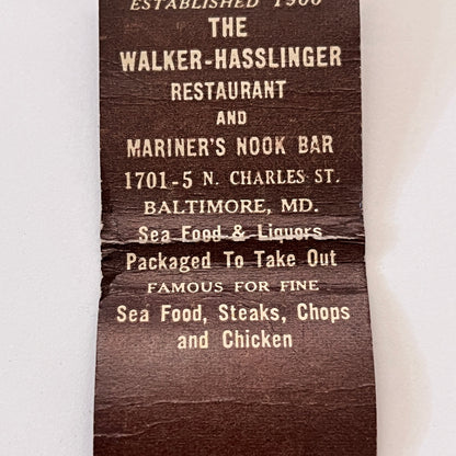The Walker-Hasslinger Lounge Baltimore MD Vintage Matchbook Cover TB8-MB3-10