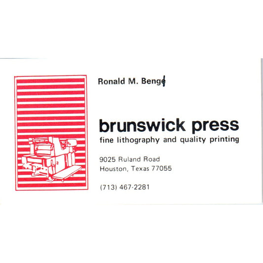 Brunswick Press Ronald M. Benge Houston TX Vintage Business Card SD4-B3
