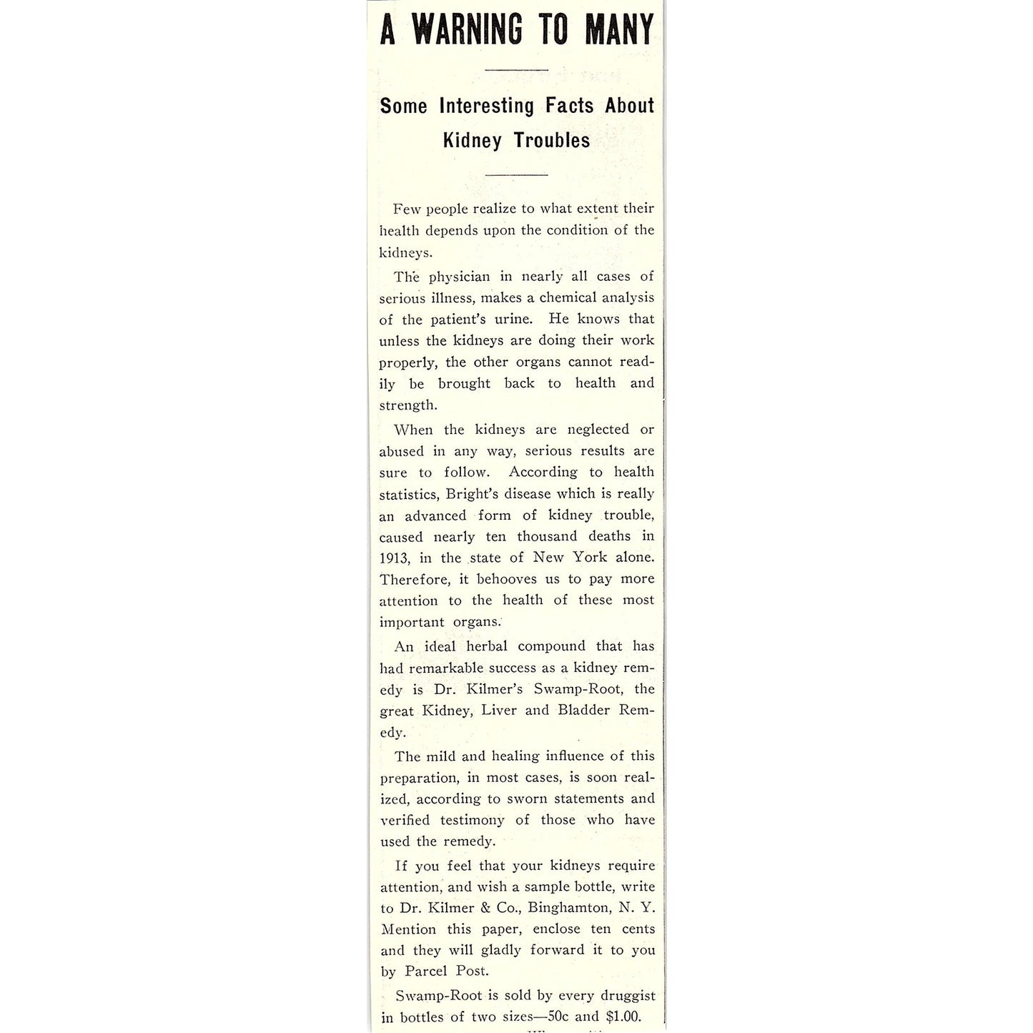 Dr. Kilmer & Co Swamp Root for Kidneys Binghamton NY 1914 Original Ad AF3-10