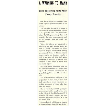 Dr. Kilmer & Co Swamp Root for Kidneys Binghamton NY 1914 Original Ad AF3-10