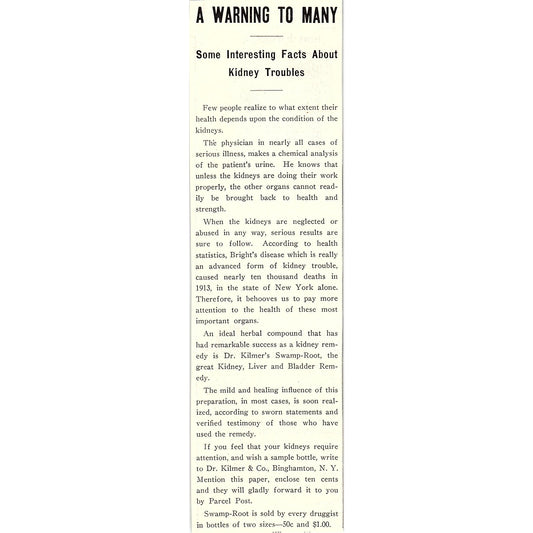 Dr. Kilmer & Co Swamp Root for Kidneys Binghamton NY 1914 Original Ad AF3-10