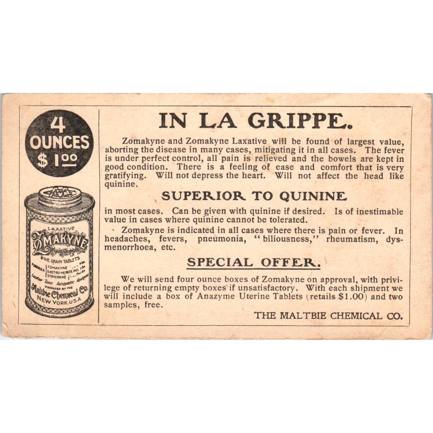 1902 Maltbie Chemical Co Zomakyne Laxative Quackery Newark NJ Postcard PC8