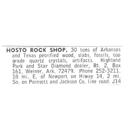 Hosto Rock Shop Petrified Wood Weiner Arkansas 1972 Ad AF8-S24