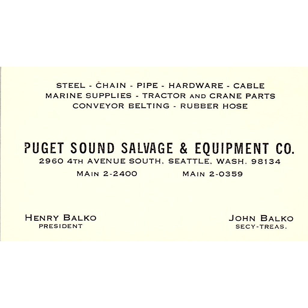 Puget Sound Salvage Equipment Henry Balko Seattle WA Business Card SB4-B4