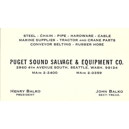 Puget Sound Salvage Equipment Henry Balko Seattle WA Business Card SB4-B4