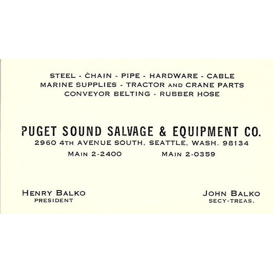 Puget Sound Salvage Equipment Henry Balko Seattle WA Business Card SB4-B4