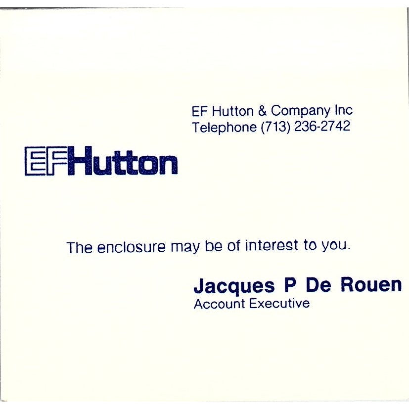 EF Hutton & Co Jacques P De Rouen Houston TX Vintage Business Card TH2-B2