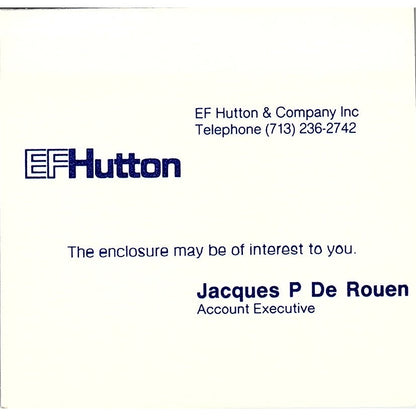 EF Hutton & Co Jacques P De Rouen Houston TX Vintage Business Card TH2-B2