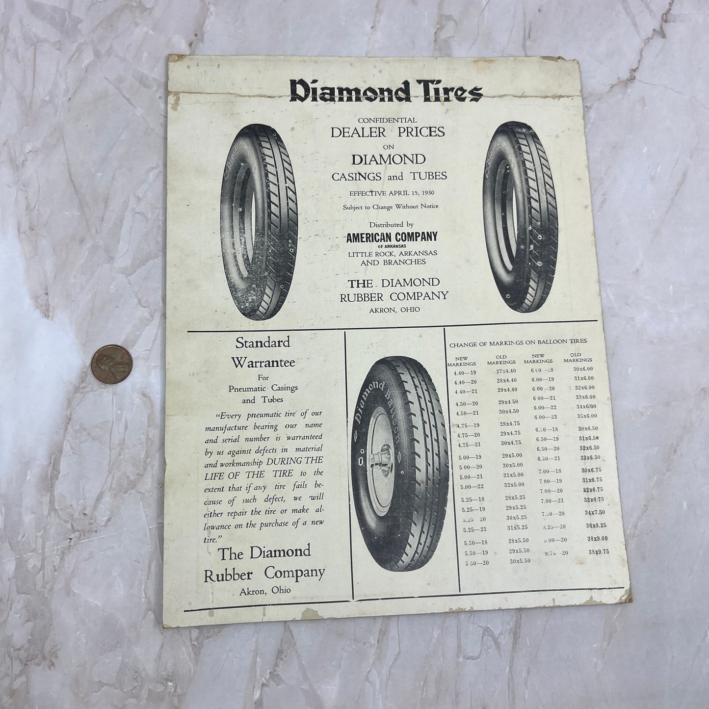 1930 Diamond Tires Dealer Price Card The Diamond Rubber Co Akron OH TF5-L2