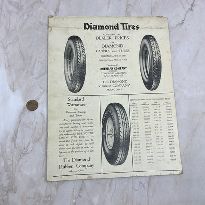1930 Diamond Tires Dealer Price Card The Diamond Rubber Co Akron OH L4-3