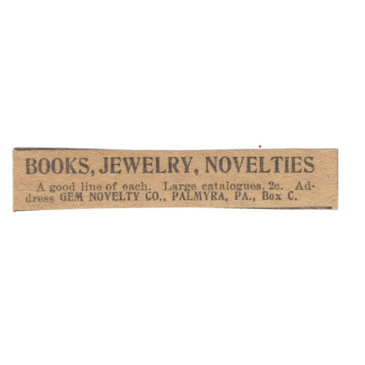 Gem Novelty Co Books Jewelry Novelties Palmyra PA 1906 Original Ad AK6-S10