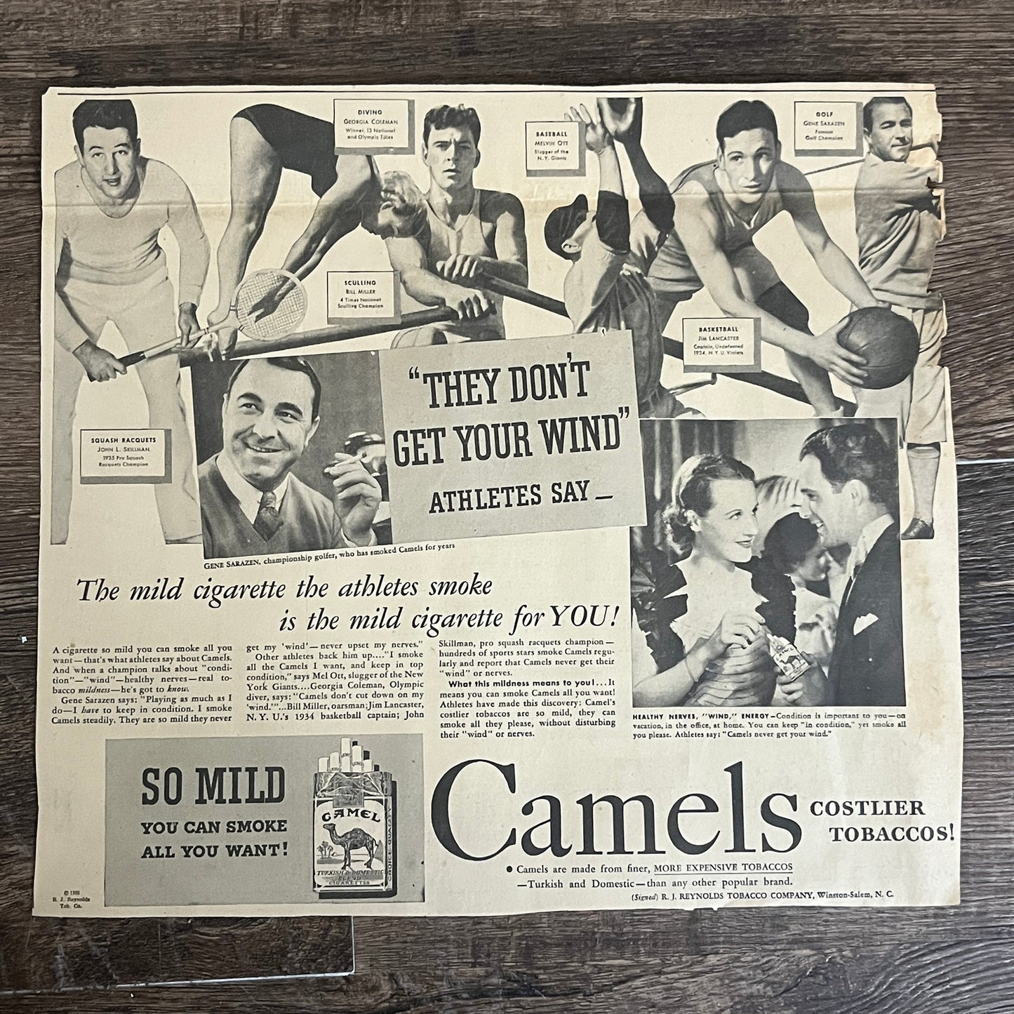 Camels Ad - Athletes Smoke Mel Ott Jim Lancaster Sarazen 1935 Newspaper Ad V1-9