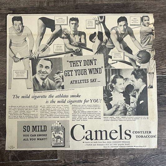 Camels Ad - Athletes Smoke Mel Ott Jim Lancaster Sarazen 1935 Newspaper Ad V1-9