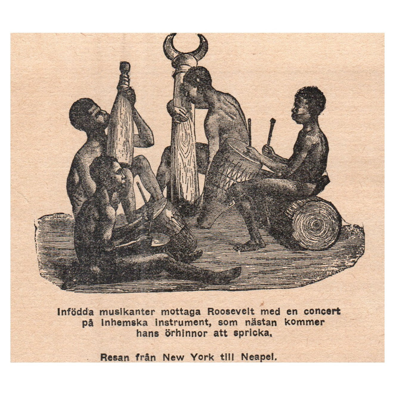 African Native musicians welcome Roosevelt 1909 Swedish Engraving Print AF5-14