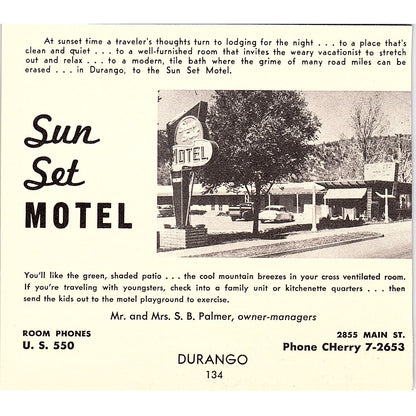 Sun Set Motel S.B. Palmer, Spanish Trails Motel Durango CO 1958 Ad AG1-H1