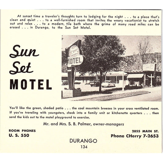 Sun Set Motel S.B. Palmer, Spanish Trails Motel Durango CO 1958 Ad AG1-H1