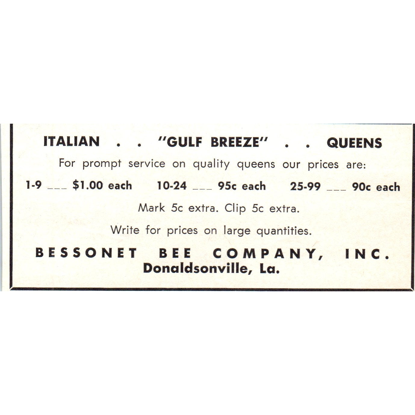 Italian Gulf Breeze Queens Bessonet Bee Company Donaldsonville LA 1964 Ad AB6-LB