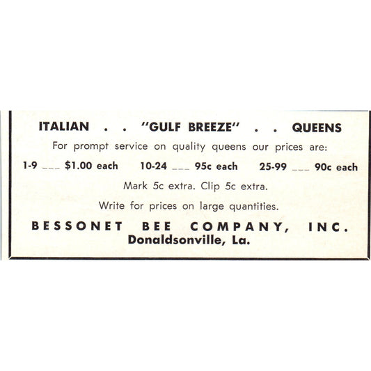 Italian Gulf Breeze Queens Bessonet Bee Company Donaldsonville LA 1964 Ad AB6-LB