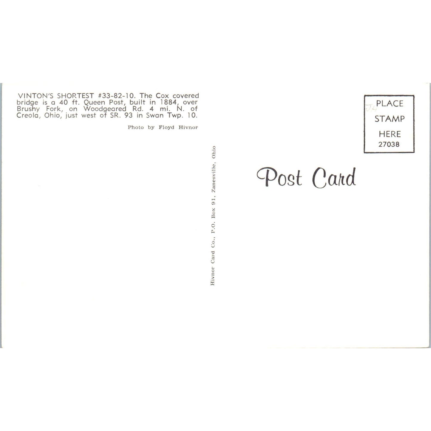 Cox Bridge Bushy Fork Creola Ohio Covered Bridge Postcard PC6