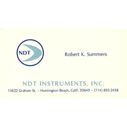 Robert K Summers NDT Instruments Huntington Beach Vintage Business Card SC9-B7