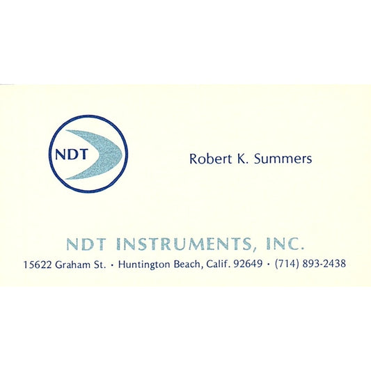 Robert K Summers NDT Instruments Huntington Beach Vintage Business Card SC9-B7