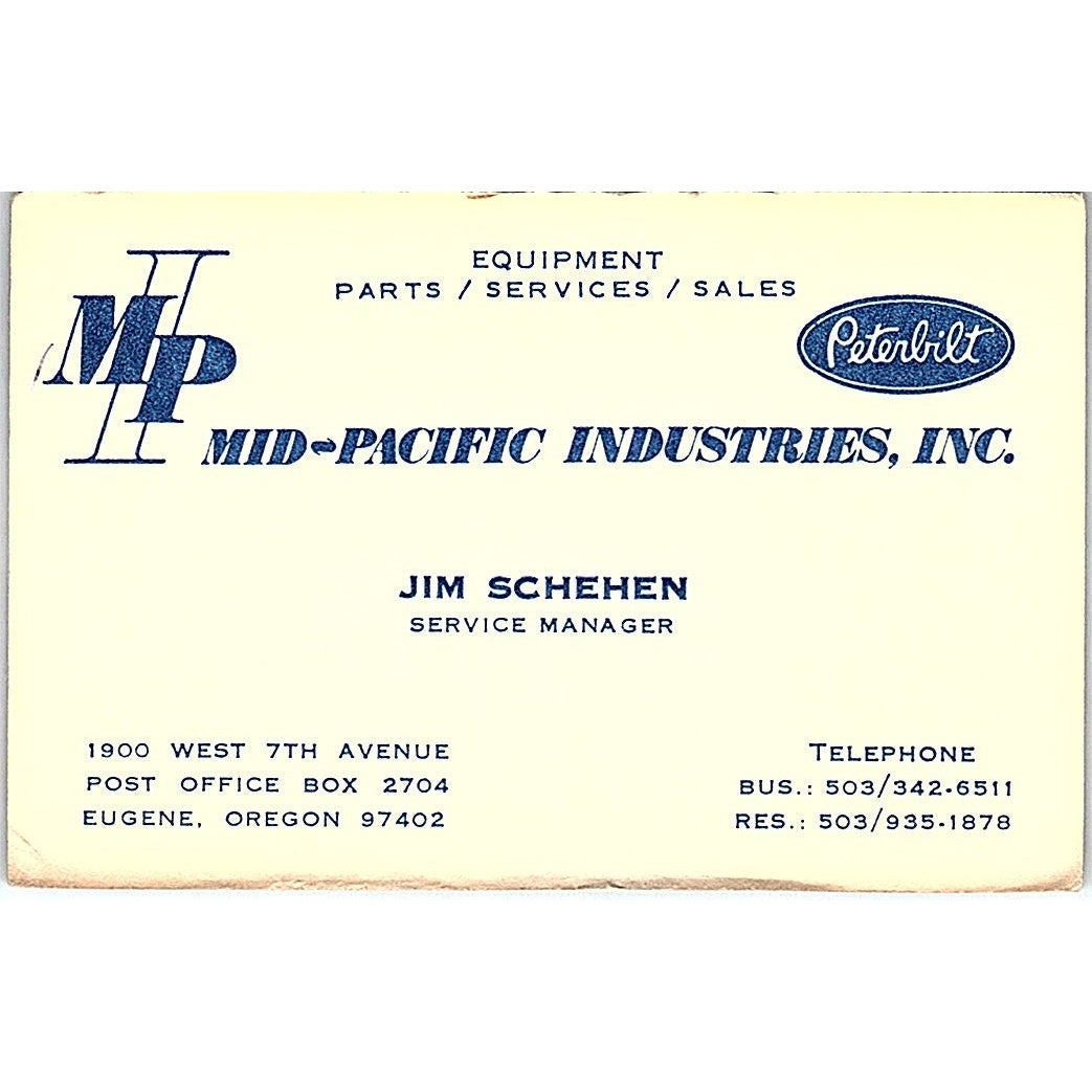 MPI Mid-Pacific Industries Jim Schehen Peterbilt Vintage Business Card TH2-B1