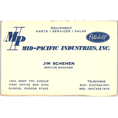 MPI Mid-Pacific Industries Jim Schehen Peterbilt Vintage Business Card TH2-B1