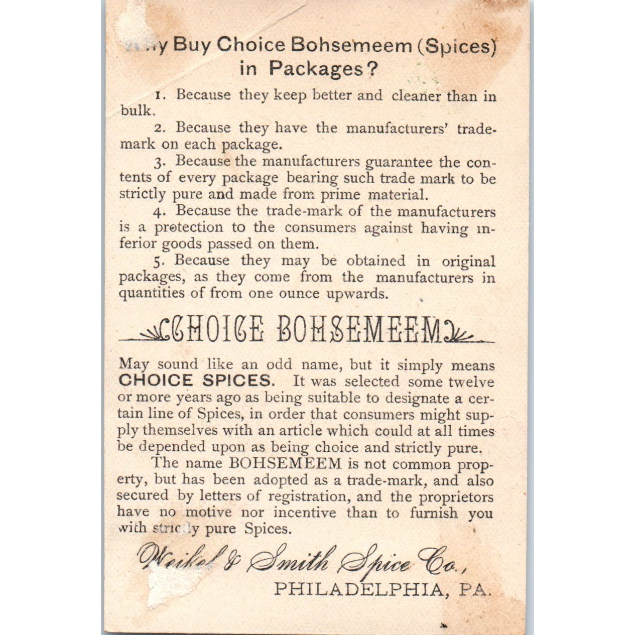 Bohsemeem Spices Weikel & Smith Spice Co Philadelphia c1880 Trade Card AE5