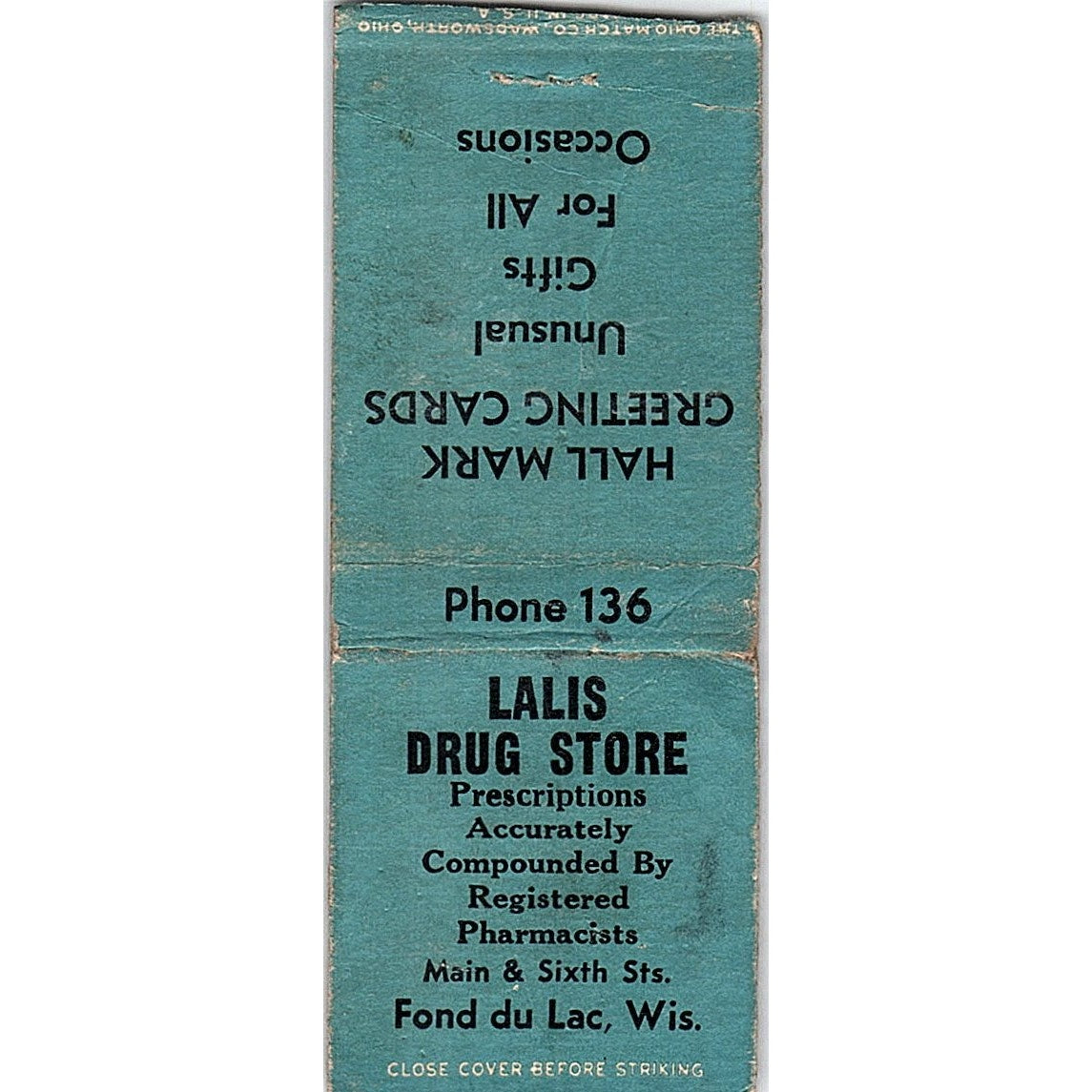 Lalis Drug Store Fond Du Lac WI Vintage Matchbook Cover SF3-Y1