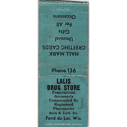 Lalis Drug Store Fond Du Lac WI Vintage Matchbook Cover SF3-Y1