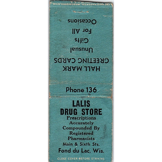 Lalis Drug Store Fond Du Lac WI Vintage Matchbook Cover SF3-Y1