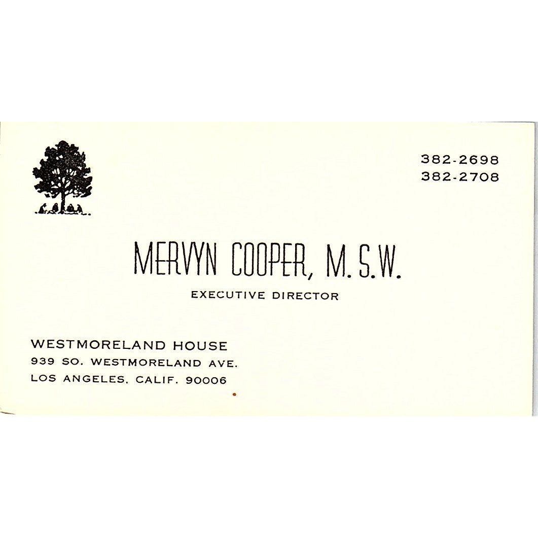 Mervyn Cooper MSW Westmoreland House Los Angeles Vintage Business Card SD9-B9