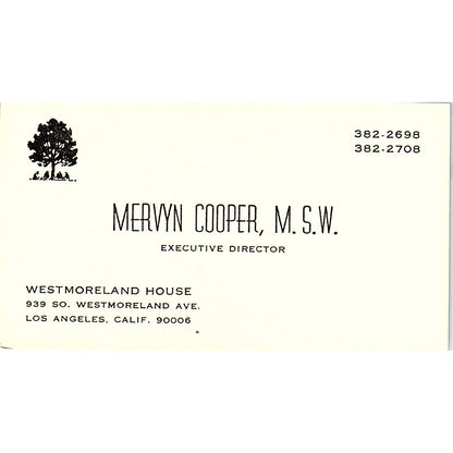 Mervyn Cooper MSW Westmoreland House Los Angeles Vintage Business Card SD9-B9