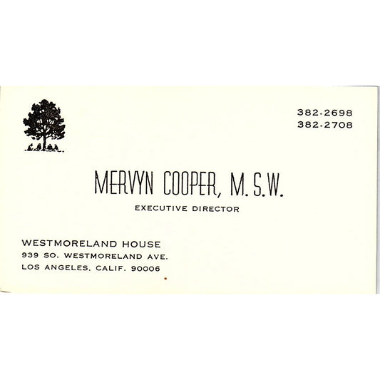 Mervyn Cooper MSW Westmoreland House Los Angeles Vintage Business Card SD9-B9
