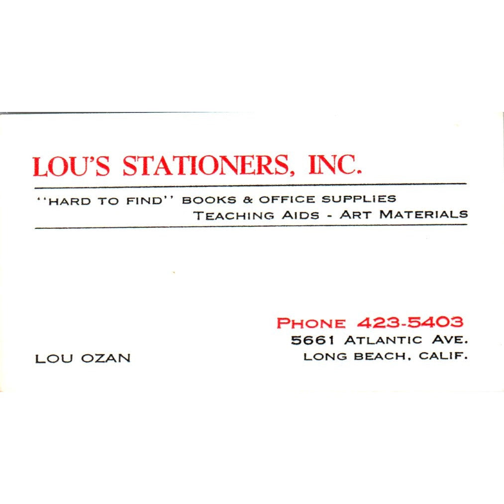 Lou's Stationers Inc Lou Ozan Long Beach CA Vintage Business Card SE3-B4