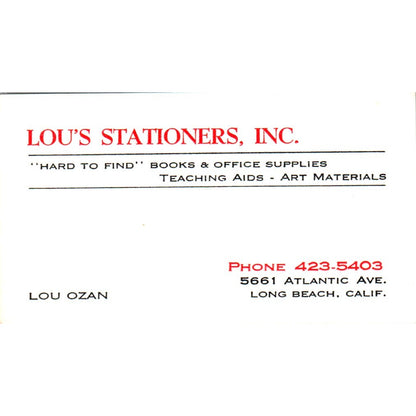 Lou's Stationers Inc Lou Ozan Long Beach CA Vintage Business Card SE3-B4