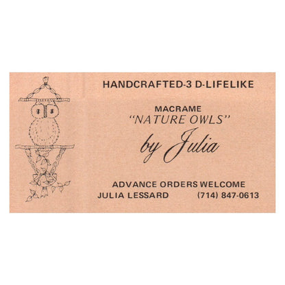 Vintage Macrame Nature Owls By Julia Lessard Handcrafted CA Business Card SF3-B1