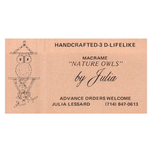Vintage Macrame Nature Owls By Julia Lessard Handcrafted CA Business Card SF3-B1