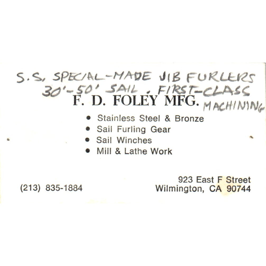 F.D. Foley Mfg Sailboats Wilmington CA Vintage Business Card SD8-B8