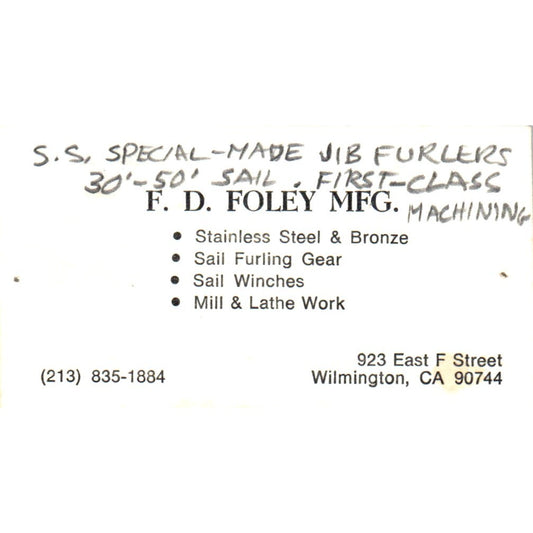 F.D. Foley Mfg Sailboats Wilmington CA Vintage Business Card SD8-B8