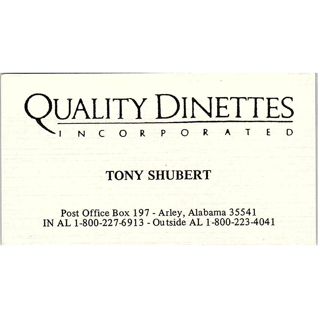Tony Shubert Quality Dinettes Arley AL Vintage Business Card SD9-B9
