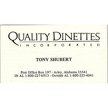 Tony Shubert Quality Dinettes Arley AL Vintage Business Card SD9-B9