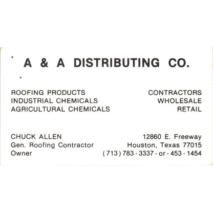 A&A Distributing Co Roofing Chuck Allen Houston TX Vintage Business Card SD8-B14