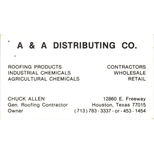 A&A Distributing Co Roofing Chuck Allen Houston TX Vintage Business Card SD8-B14