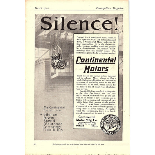 Continental Motors Silent Motor Detroit Michigan Vintage Magazine Ad 6x10 V12